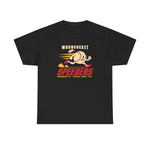 Woonsocket Speeders Heavyweight T-Shirt in black with the Woonsocket Speeders logo, a running baseball character with speed lines and its cap flying off, over Speeders in bold red italic letters on the front