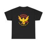 Black heavyweight cotton Topeka Hawks T-shirt with vintage yellow and red bird logo design front center