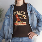 Everett Smokestackers Heavyweight T-Shirt in dark chocolate with the Everett Smokestackers logo, a cartoon smokestack swinging a bat with a trail of smoke on the front, worn by model