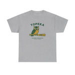 Gray heavyweight cotton t-shirt featuring vintage Topeka Owls baseball team logo with owl and bat graphic.