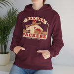 Yakima Packers Hoodie in maroon with the Yakima Packers logo, a ballplayer holding a bat and a crate of apples on the front, worn by model
