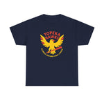 Navy blue heavyweight cotton t-shirt featuring vintage Topeka Hawks baseball team logo in yellow and red.