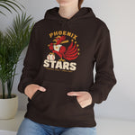 Phoenix Stars Hoodie in dark chocolate with the Phoenix Stars logo, a red phoenix bird holding a bat, ringed by stars on the front, worn by model