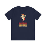 Providence Rubes Premium Lightweight T-Shirt in navy with the Providence Rubes logo, a 1920s pitcher in a straw farmer's hat with a stalk of wheat in his teeth at the top of his leg kick, over Providence Rubes 1926 Champions on the front