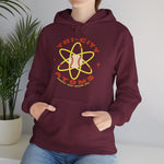 Tri-City Atoms Hoodie in maroon with the Tri-City Atoms logo, a baseball at the center of a yellow atom with orbiting electrons on the front, worn by model