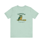 Light green Topeka Owls vintage baseball team t-shirt with owl and bat graphic, lightweight Bella Canvas tee.