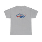 Blue Mountain Bears Heavyweight T-Shirt in sport grey with the Blue Mountain Bears logo, a snarling bear below a red mountain peak on the front