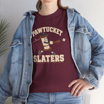 Pawtucket Slaters Heavyweight T-Shirt in maroon with the Pawtucket Slaters logo, a cotton mill bobbin character in a ball cap swinging a bat, with a loose thread trailing behind on the front, worn by model