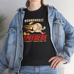 Woonsocket Speeders Heavyweight T-Shirt in black with the Woonsocket Speeders logo, a running baseball character with speed lines and its cap flying off, over Speeders in bold red italic letters on the front, worn by model