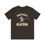 Pawtucket Slaters Premium Lightweight T-Shirt in brown with the Pawtucket Slaters logo, a cotton mill bobbin character in a ball cap swinging a bat, with a loose thread trailing behind on the front
