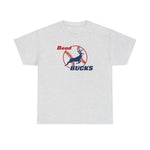 Bend Bucks Heavyweight T-Shirt in ash with the Bend Bucks logo, a leaping buck over a red-stitched baseball on the front