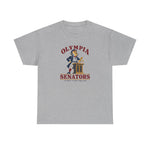 Olympia Senators Heavyweight T-Shirt in sport grey with the Olympia Senators logo, a bearded senator in a frock coat at a podium with a bat on the front