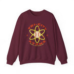 Tri-City Atoms Crewneck Sweatshirt in maroon with the Tri-City Atoms logo, a baseball at the center of a yellow atom with orbiting electrons on the front