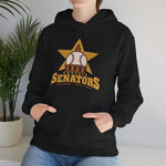 Phoenix Senators Hoodie in black with the Phoenix Senators logo, a baseball as the capitol dome in front of a gold star on the front, worn by model