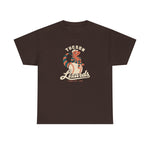 Tucson Lizards Heavyweight T-Shirt in dark chocolate with the Tucson Lizards logo, a striped lizard in a ball cap lounging on a baseball on the front