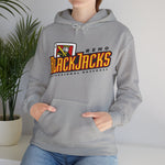 Reno BlackJacks Hoodie in sport grey with the Reno BlackJacks logo, a Jack of Spades holding a bat above slanted BlackJacks lettering on the front, worn by model