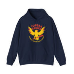 Navy Topeka Hawks hoodie with vintage defunct baseball team logo and kangaroo pocket, unisex cotton-poly blend design
