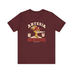 Artesia Numexers Premium Lightweight T-Shirt in maroon with the Artesia Numexers logo, a roadrunner in a red A cap between Longhorn League and 1954 Champions banners, with Numexers in red block letters on the front