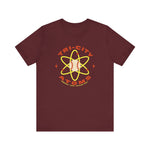 Tri-City Atoms Premium Lightweight T-Shirt in maroon with the Tri-City Atoms logo, a baseball at the center of a yellow atom with orbiting electrons on the front