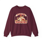 Yakima Packers Crewneck Sweatshirt in maroon with the Yakima Packers logo, a ballplayer holding a bat and a crate of apples on the front