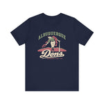 Albuquerque Dons Premium Lightweight T-Shirt in navy with the Albuquerque Dons logo, a caped ballplayer bowing with his hat swept off in front of pink mountains, with Dons in cream script on the front