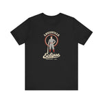 Louisville Eclipse Premium Lightweight T-Shirt in black with the Louisville Eclipse logo, an 1880s ballplayer leaning on a bat in front of a red sunburst on the front