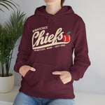 Wenatchee Chiefs Hoodie in maroon with the Wenatchee Chiefs logo, script lettering with an apple stitched like a baseball on the front, worn by model