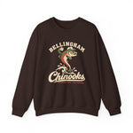 Bellingham Chinooks Crewneck Sweatshirt in dark chocolate with the Bellingham Chinooks logo, a leaping chinook salmon in a ball cap above splashing water and script lettering on the front
