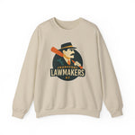 Beige crewneck sweatshirt with vintage Frankfort Lawmakers baseball team logo and graphic of a man holding a bat