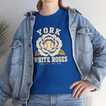 York White Roses Heavyweight T-Shirt in royal with the York White Roses logo, a cream and blue rose with a baseball at its center on the front, worn by model
