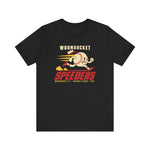 Woonsocket Speeders Premium Lightweight T-Shirt in black with the Woonsocket Speeders logo, a running baseball character with speed lines and its cap flying off, over Speeders in bold red italic letters on the front