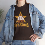 Phoenix Senators Heavyweight T-Shirt in dark chocolate with the Phoenix Senators logo, a baseball as the capitol dome in front of a gold star on the front, worn by model