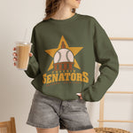Phoenix Senators Crewneck Sweatshirt in military green with the Phoenix Senators logo, a baseball as the capitol dome in front of a gold star on the front, worn by model
