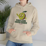 Portland Green Gages Hoodie in sand with the Portland Green Gages logo, a cartoon green plum tossing a baseball on the front, worn by model