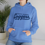 Grays Harbor Loggers Hoodie in carolina blue with the Grays Harbor Loggers logo, script lettering with a tail swash on the front, worn by model