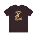 Atlanta Pretzels Premium Lightweight T-Shirt in oxblood black with the cream cartoon baker holding a pretzel and basket on the front