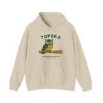 Beige Topeka Owls hoodie with vintage baseball team logo and front pocket, made from soft cotton-poly blend fabric.
