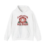 Lancaster Red Roses Hoodie in white with the Lancaster Red Roses logo, a red rose with a baseball at its center on the front