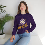 Mesa Jewels Crewneck Sweatshirt in purple with the Mesa Jewels logo, a faceted purple gem with a baseball diamond above Jewels script on the front, worn by model