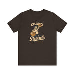 Atlanta Pretzels Premium Lightweight T-Shirt in brown with the cream cartoon baker holding a pretzel and basket on the front