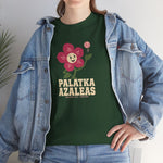 Palatka Azaleas Heavyweight T-Shirt in forest green with the smiling pink flower mascot with two baseballs above it on the front, worn by model