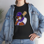Merrillville Muddogs Heavyweight T-Shirt in black with the Merrillville Muddogs logo, a snarling bulldog in a purple cap holding a bat on the front, worn by model