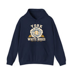 York White Roses Hoodie in navy with the York White Roses logo, a cream and blue rose with a baseball at its center on the front