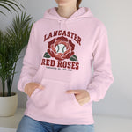 Lancaster Red Roses Hoodie in light pink with the Lancaster Red Roses logo, a red rose with a baseball at its center on the front, worn by model