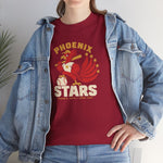 Phoenix Stars Heavyweight T-Shirt in cardinal red with the Phoenix Stars logo, a red phoenix bird holding a bat, ringed by stars on the front, worn by model