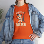Anniston Rams Heavyweight T-Shirt in orange with the Anniston Rams logo, a cartoon ram ballplayer holding a foundry rammer beside a smoking smokestack on the front, worn by model
