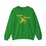Bend Timber Hawks Crewneck Sweatshirt in irish green with the Bend Timber Hawks logo, a diving gold hawk clutching a baseball on the front