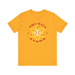 Tri-City Atoms Premium Lightweight T-Shirt in gold with the Tri-City Atoms logo, a baseball at the center of a yellow atom with orbiting electrons on the front