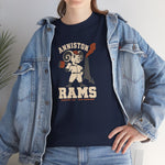 Anniston Rams Heavyweight T-Shirt in navy with the Anniston Rams logo, a cartoon ram ballplayer holding a foundry rammer beside a smoking smokestack on the front, worn by model