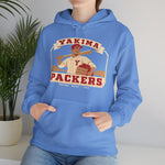 Yakima Packers Hoodie in carolina blue with the Yakima Packers logo, a ballplayer holding a bat and a crate of apples on the front, worn by model